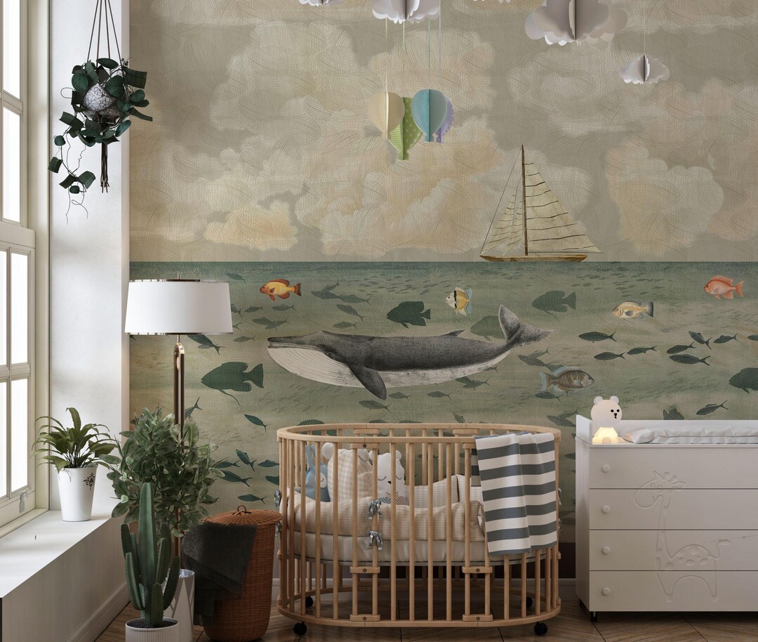 Whale Wall Mural Ocean Sea Nursery Decor Kids Room Peel and Stick ...