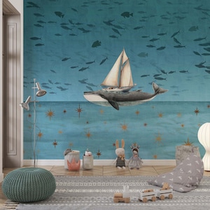 Whale Wallpaper, Underwater Ocean Nursery Wall Mural, Nautical Kids Room Wall paper, Boat and Whale Art, Removable Playroom Decor