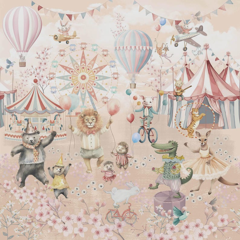 May include: A charming illustration depicting a circus scene with animal characters. The image includes hot air balloons, a Ferris wheel, and circus tents. Animals such as a bear, lion, crocodile, and kangaroo are dressed in circus costumes.
