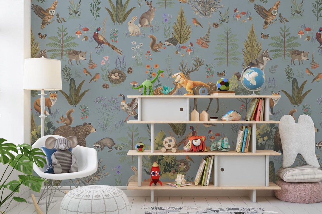 Buy Kids Wallpaper FOREST FRIENDS Blue, Cute Animals in Forest