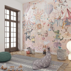 carta da parati per bambini CIRCUS rosa, simpatici animali, circo, giostra, aeroplano, palloncino, parete decorativa con animali, rimovibile, stacca e attacca o non tessuto