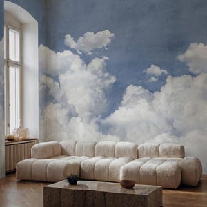 Cloud Wallpaper Mural | Soft White Clouds | Dreamy Blue Sky Feature Wall | Peel Stick Removable