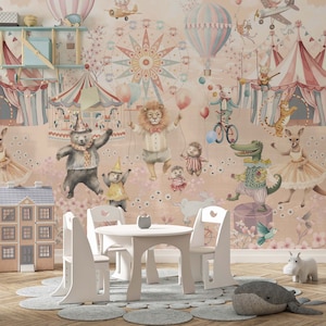 Carta da parati per bambini CIRCUS rosa, simpatici animali, giostra, aeroplano, palloncino, parete decorativa per cameretta dei bambini, rimovibile, stacca e attacca o non tessuto