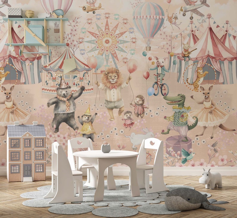 May include: A children's room with circus-themed wallpaper depicting animated animals, hot air balloons, and a Ferris wheel. The room is furnished with a white table and chairs, a dollhouse, and decorative rugs.