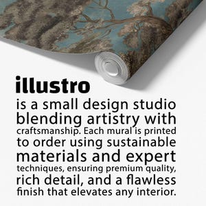 May include: Rolled-up mural with a landscape painting of trees and a blue sky. The text "illustro" is visible, along with a description of the design studio's focus on artistry and sustainable materials.