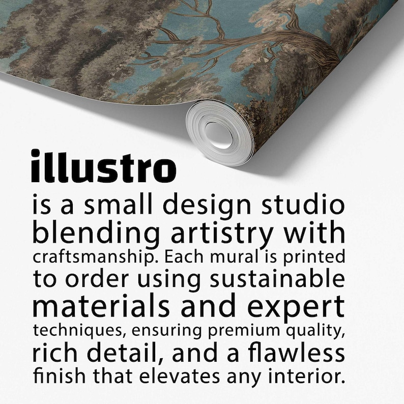 May include: Rolled-up mural with a landscape painting of trees and a blue sky. The text "illustro" is visible, along with a description of the design studio's focus on artistry and sustainable materials.