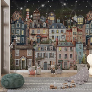 cute small houses mural, kids wallpaper VILLATA NIGHT, colorful little town, nursery wallpaper, removable peel and stick or non-woven