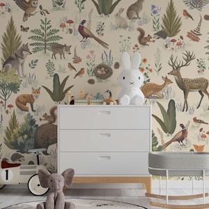 Whimsical Woodland Theme Wallpaper, Warm Neutral Forest Animal Wall Mural, Cream Removable Nursery or Kids Room Wall Sticker