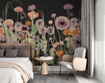 Wildblumen Wandbild Aquarell Charcoal Floral Wallpaper Moody Dark Academia Schälen und Stick entfernbar