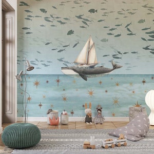 carta da parati oceano BEYOND THE SEA light, carta da parati fantasy per bambini con balena, barca, pesce e stelle, rimovibile, stacca e attacca o non tessuto