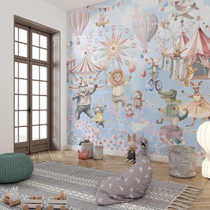 Carta da parati per bambini CIRCUS BLUE, simpatici animali, circo, giostra, aeroplano, palloncino, parete decorativa con animali, rimovibile, staccabile e attaccabile o in tessuto non tessuto