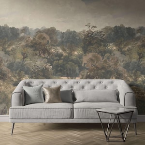 vintage forest landscape mural VIRENTIA, scenic nature with lush green forest, woodland removable peel and stick or non-woven wallpaper