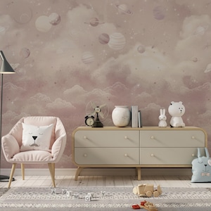 carta da parati per bambini COSMO rosa, murale con nuvole, pianeti e stelle, parete decorativa per cameretta dei bambini con motivo cosmo, rimovibile, stacca e attacca o non tessuto