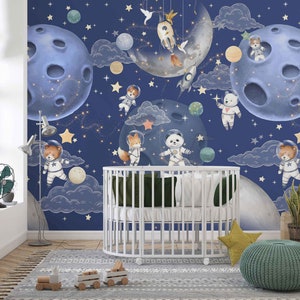 carta da parati per bambini SPACE EXPLORER scuro, simpatici animali nello spazio, pianeti, stelle, nuvole, astronavi, rimovibile stacca e attacca o tessuto non tessuto