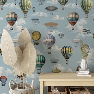 carta da parati con palloncini, carta da parati con cielo AEROGRAPHIA, macchine volanti vintage, carta da parati con nuvole, staccabile e incollabile o non tessuto