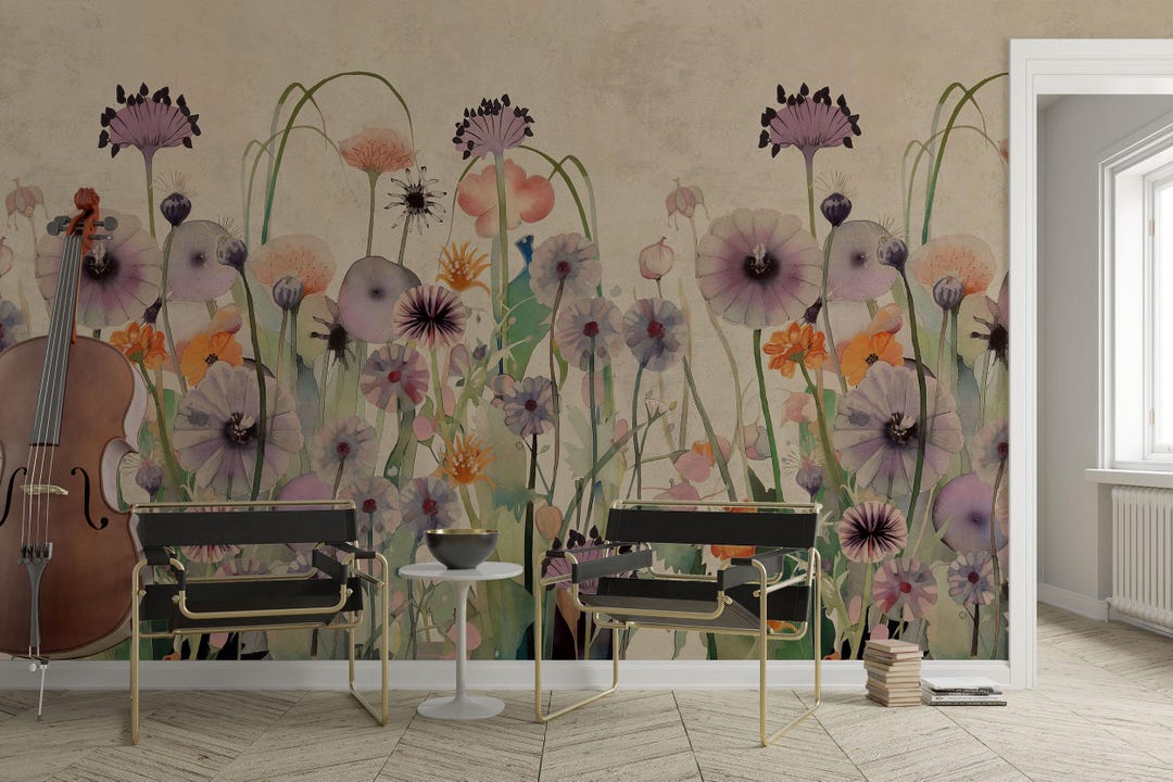Floral Wallpaper Mural | Watercolor Meadow Wildflowers on Warm Taupe ...