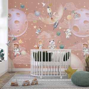 carta da parati per bambini SPACE EXPLORER pesca, simpatici animali nello spazio, pianeti, stelle, nuvole, astronavi, staccabile e incollabile o non tessuto