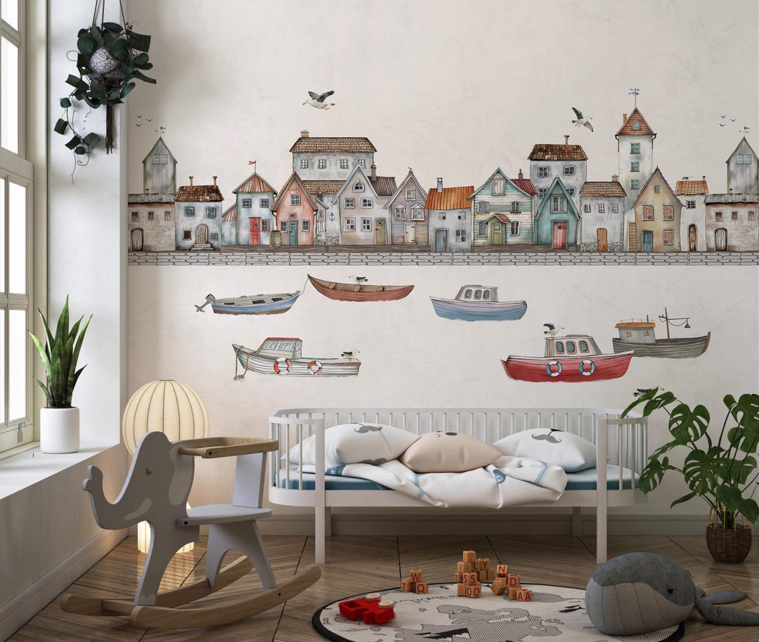 Harbor Village Wallpaper | Scandinavian Seaside Wall Mural | Neutral ...