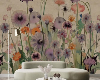 Wildflower Wall Mural Watercolor Meadow Floral Wallpaper Taupe Lilac Peach Peel and Stick Removable