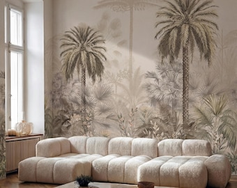 Palm Wallpaper Mural Neutral Tropical Botanical Beige and Taupe Vintage Oasis Peel and Stick