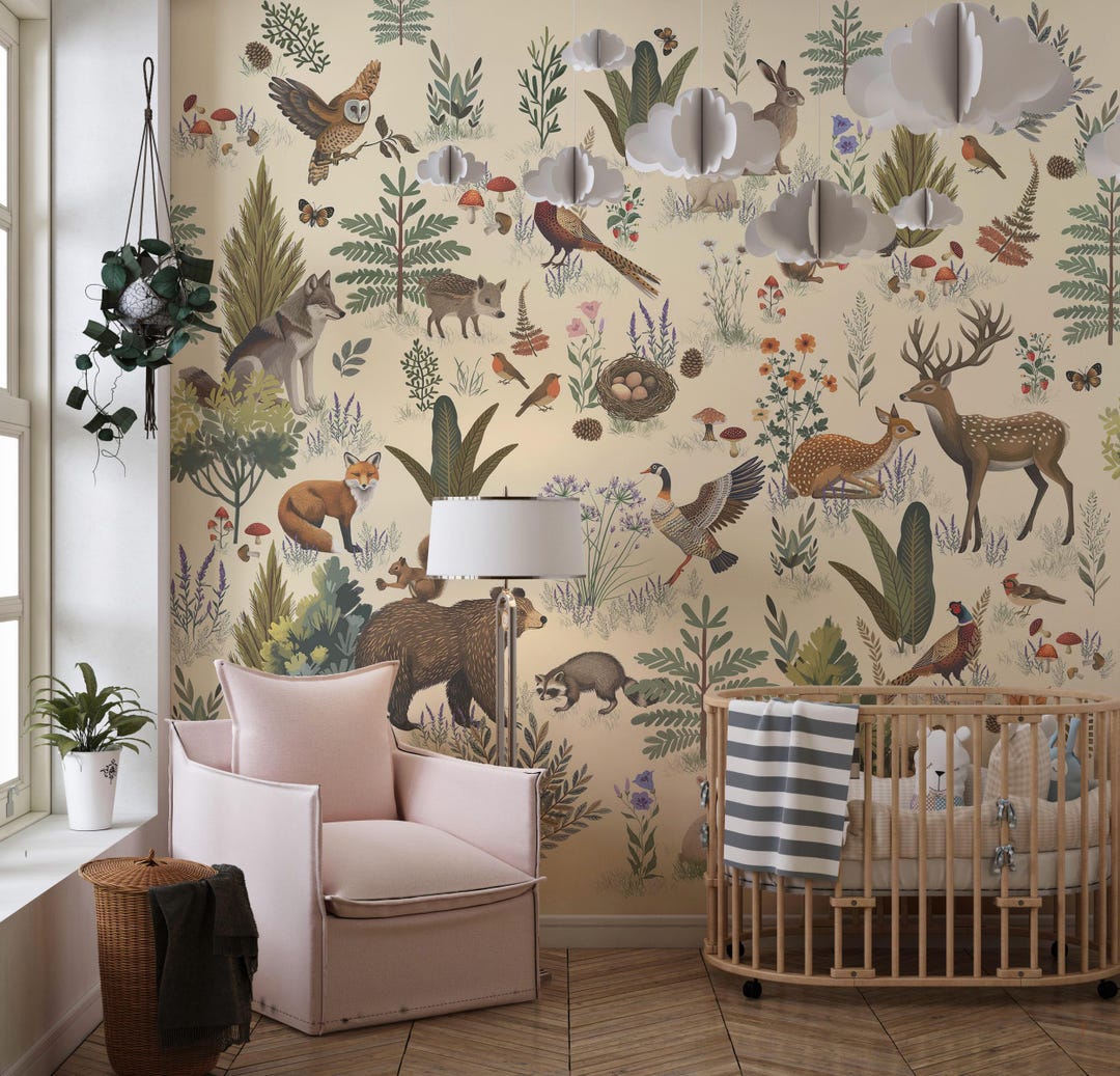 Woodland Nursery Wallpaper | Forest Animals Wall Mural for Kids Room ...