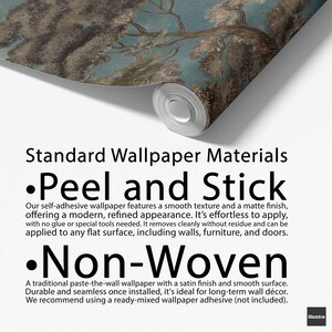 May include: A roll of wallpaper with a nature-themed design featuring a tree with branches and leaves against a blue background. The text on the image reads "Peel and Stick" and "Non-Woven".