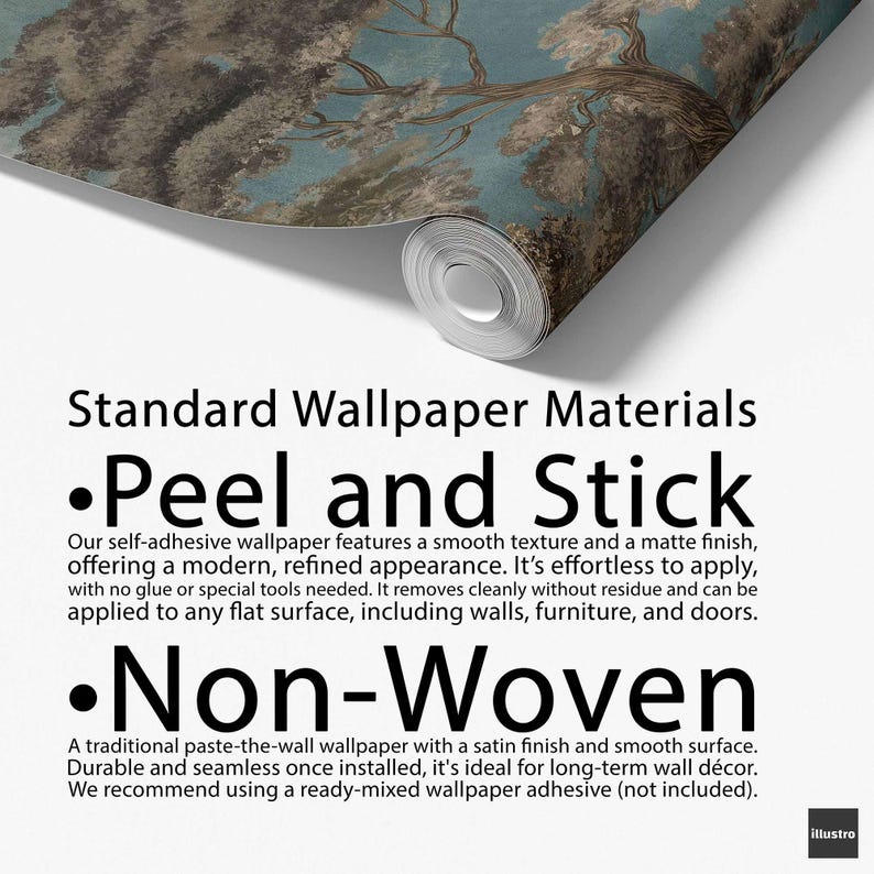 May include: A roll of wallpaper with a nature-themed design featuring a tree with branches and leaves against a blue background. The text on the image reads "Peel and Stick" and "Non-Woven".