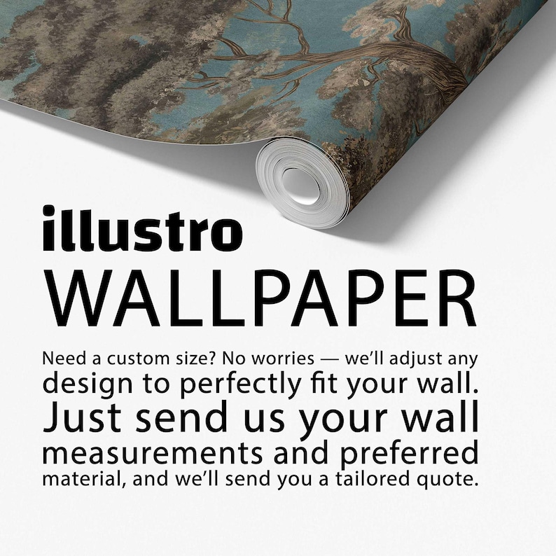 May include: A roll of wallpaper with a vintage landscape design, including trees and a blue sky. The text "illustro WALLPAPER" is prominently displayed. Further text advertises custom sizing to fit any wall.
