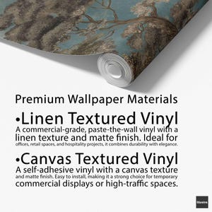 May include: A roll of premium wallpaper with a detailed tree design in brown and white against a blue backdrop. The text reads "Premium Wallpaper Materials" and lists "Linen Textured Vinyl" and "Canvas Textured Vinyl".