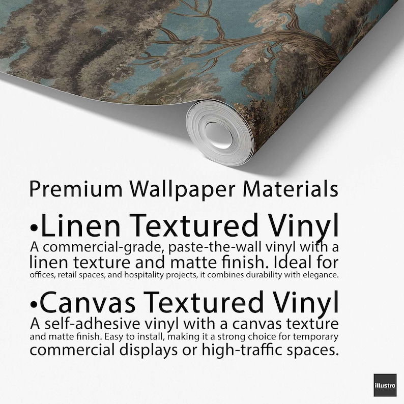 May include: A roll of premium wallpaper with a detailed tree design in brown and white against a blue backdrop. The text reads "Premium Wallpaper Materials" and lists "Linen Textured Vinyl" and "Canvas Textured Vinyl".