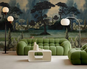 Dark Scenic Wallpaper | Vintage Forest Landscape with Lake | Antique Tree for Dark Academia Interiors