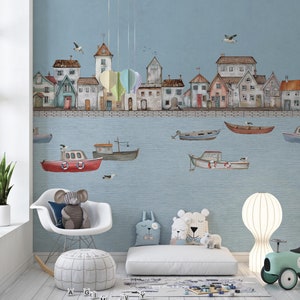 carta da parati per bambini ANCHORAGE blu, carta da parati nautica con case e barche, parete decorativa di un villaggio di pescatori, rimovibile, stacca e attacca o non tessuto