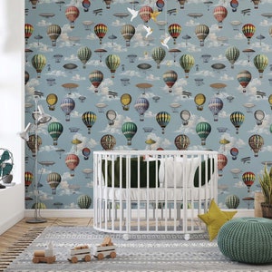 carta da parati per bambini AEROGRAPHIA CLOUDS, macchine volanti e mongolfiere sulle nuvole, parete decorativa con dirigibile, staccabile e attaccabile / tessuto non tessuto