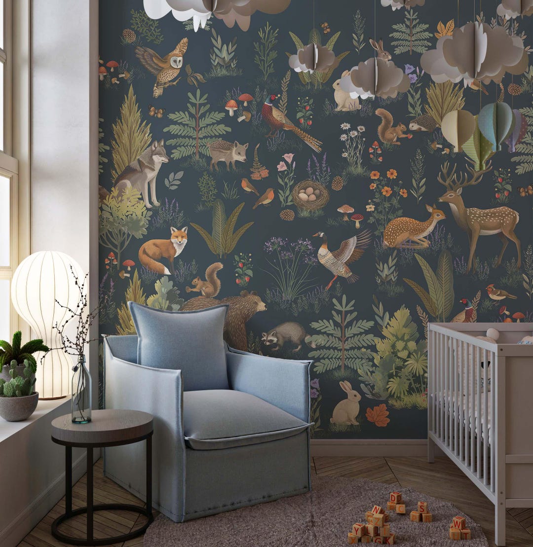Woodland Animals Nursery Wallpaper | Dark Forest Wall Mural | Moody ...