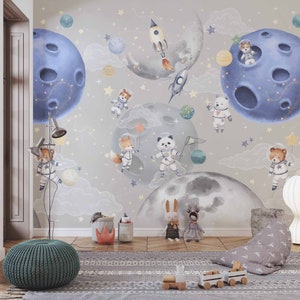 carta da parati per bambini SPACE EXPLORER luce, simpatici animali nello spazio, pianeti, stelle, nuvole, astronavi, rimovibile stacca e attacca o tessuto non tessuto