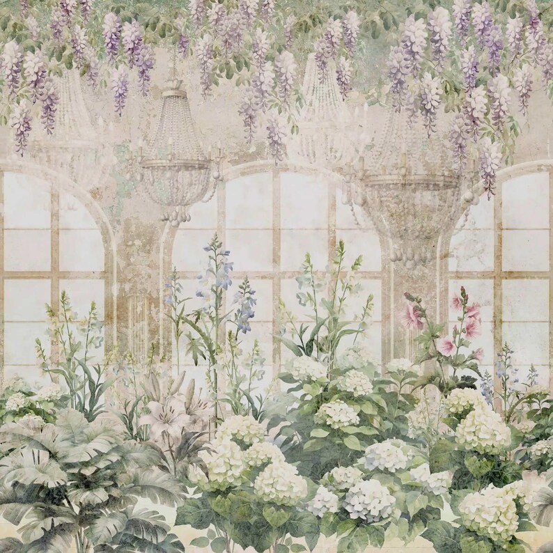 Wisteria Wall Mural Hydrangea Conservatory Floral Wallpaper Vintage ...