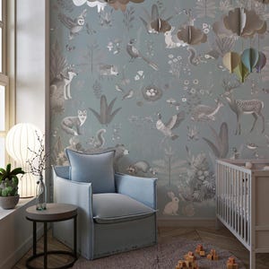 woodland wallpaper FOREST FRIENDS monochrome with a blue background, animals in the forest, animated woodland, peel and stick or non-woven