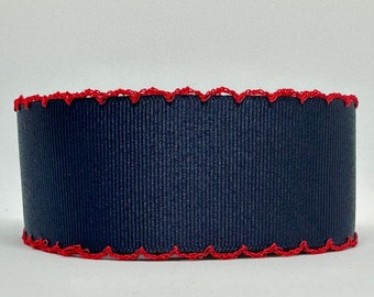 Navy Grosgrain Ribbon with Red Moonstitch Edge, 1.5 or 2.25 Inch Patriotic Moon Stitch Scallop Edged Ribbons, 1 1/2 & 2 1/4 Inch By the Yard