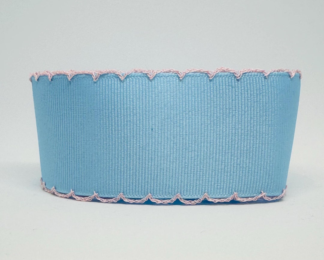 Light Carolina Blue Grosgrain Ribbon With Light Pink Moonstitch Edge, 1 ...