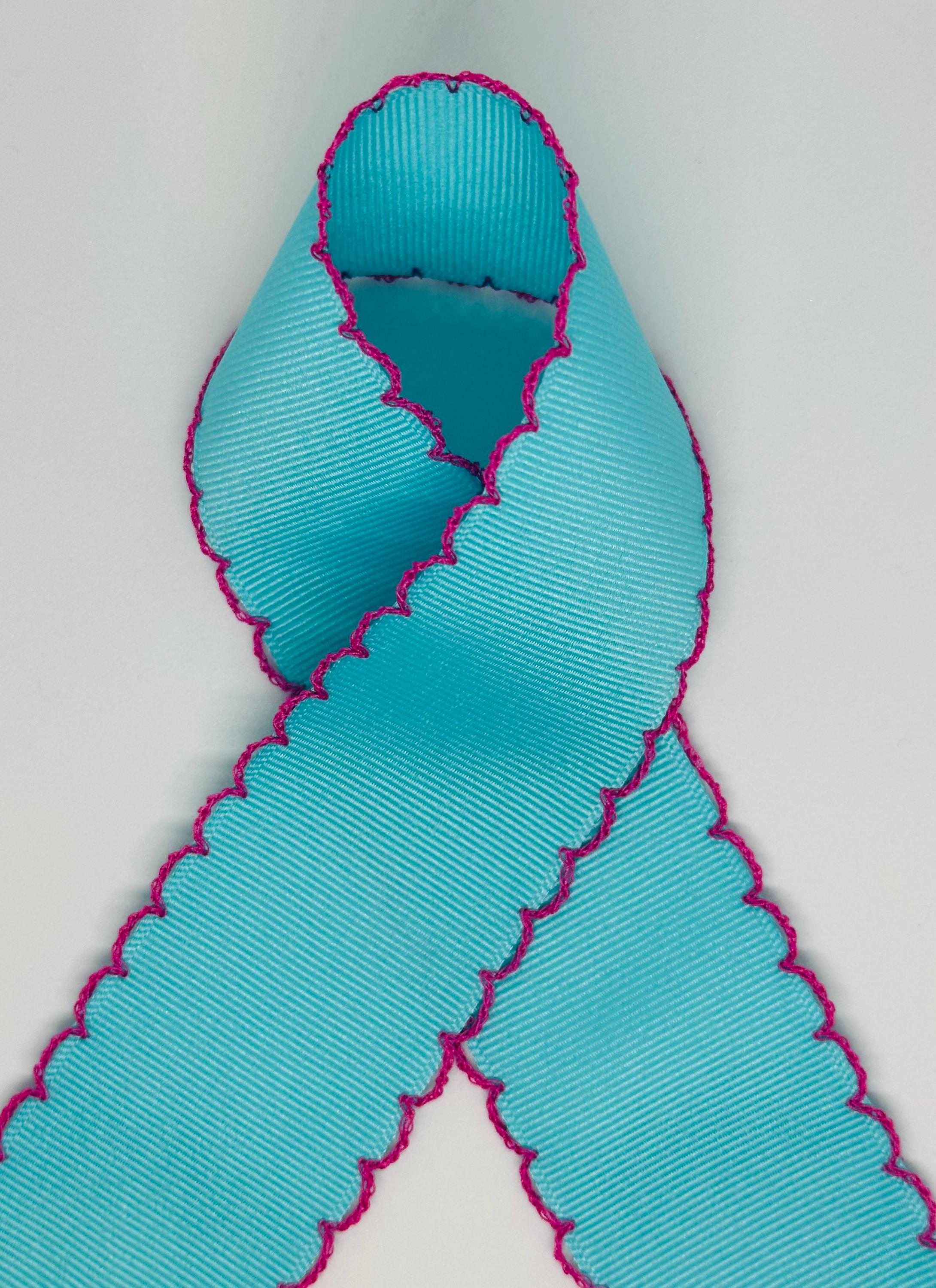 Aqua Blue Grosgrain Ribbon With Bright Hot Pink Moonstitch Edge, 1.5 2. ...