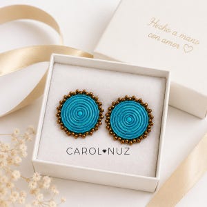 Pendientes espiral de Soutache Turquesa, Aros Artesanales con Cuentas Color Cobre