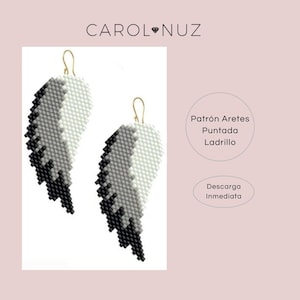Puede incluir: Un par de pendientes de plumas de cuentas en negro, gris y blanco, con ganchos dorados. Los pendientes tienen forma de ala. El texto "CAROL NUZ" está en la parte superior de la imagen.