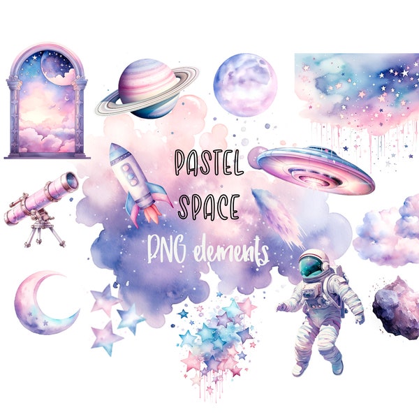 Pastel Space Elements. Digital Download Clipart PNG Illustrations