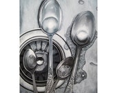 SPOONS BUBBLES stainless steel sink, silverware and bubbles print from my original oil painting
