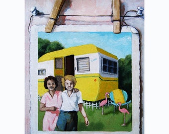 Campistas Vintage - Edith e Louise em férias, impressão da pintura original