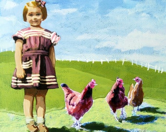 When I Was a Little Girl - landscape,girl and chickens  print of my original painting figurative humor
