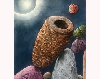 Mystical Ruins - ORIGINAL Watercolor Painting, mystical ruins ancient earth,enchanted stone relics
