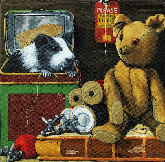 Antique TEDDY BEAR & GUINEA  pig vintage still life  print from original oil painting