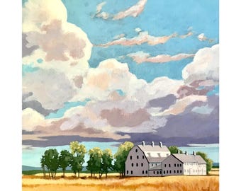 SALE! The Farm - Countryside ORIGINAL canvas Handcrafted landscape Painting,scenic country w/dramatic sky,clouds
