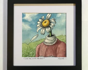 SALE! "Love Me, Love Me Not"- Original Watercolor Painting, daisy, flower, humorous, whimsy